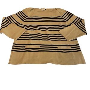 J. Crew Beige Knit Top Black Stripe 2 Front Pockets Medium M 3/4 Sleeve Business